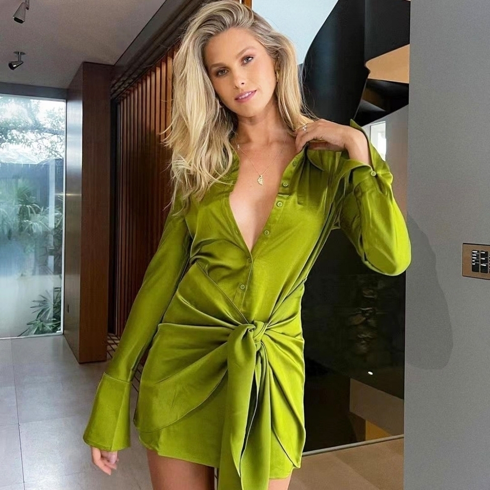 SALE!!!Bali Lime Naha Draped Sexy Mini Shirt Wrap Ruched Mini, Button Down Satin - Picture 3 of 5